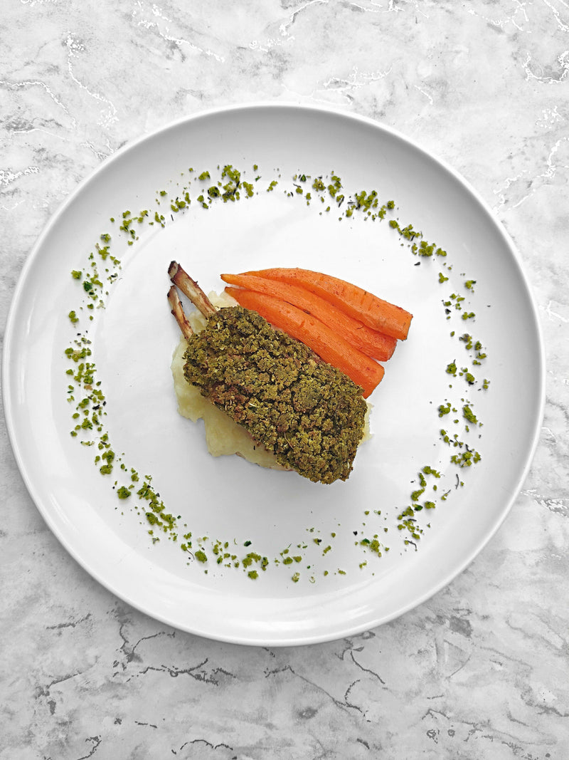 Herb Crusted Rack of Lamb with Garlic Mash and Paprika Carrots