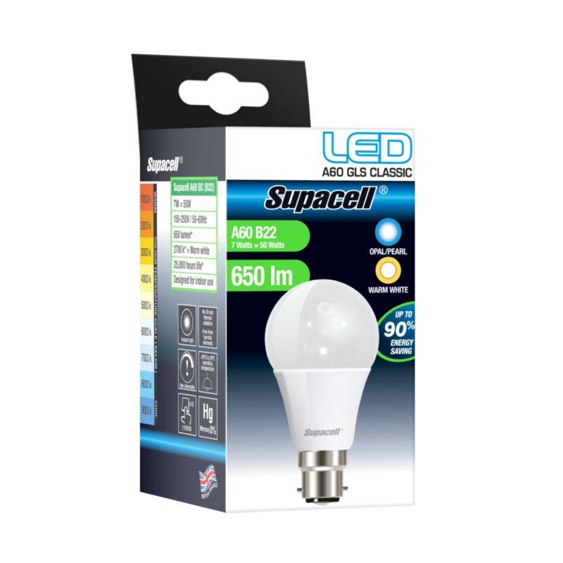 Supacell - LED GLS Light Bulb - B22 Pearl 7W Warm White