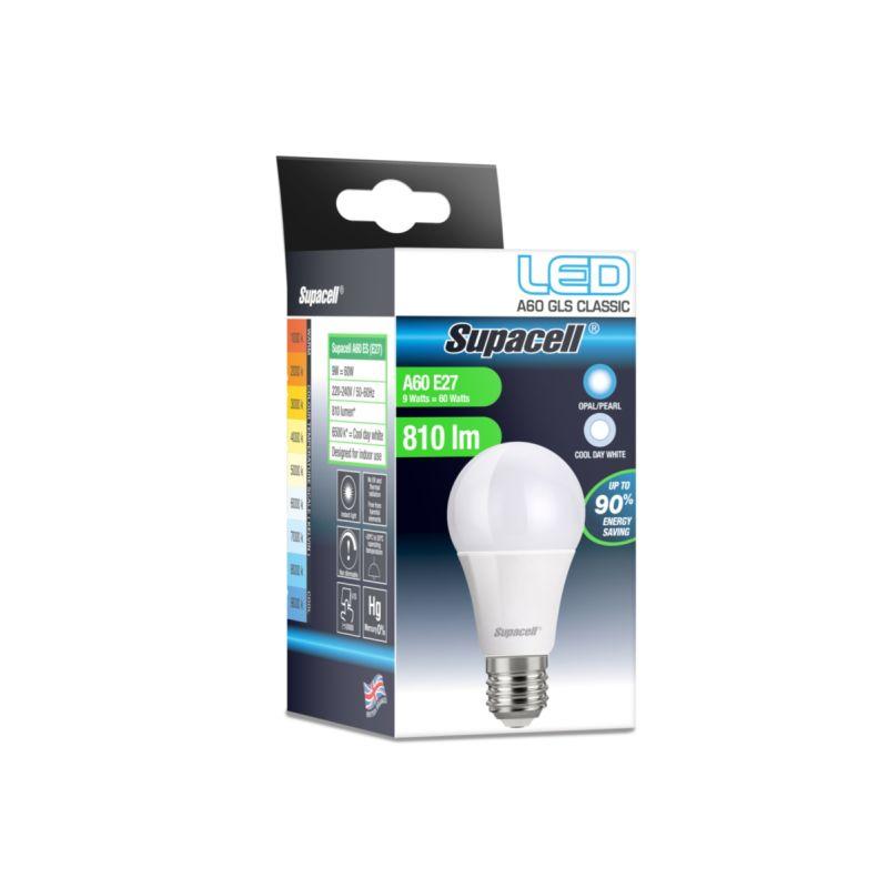 Supacell - LED GLS Light Bulb - E27 Pearl 9W Cool White