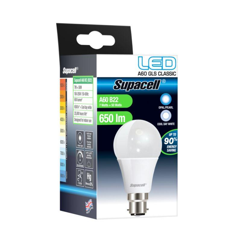 Supacell - LED GLS Light Bulb - B22 Pearl 7W Cool White